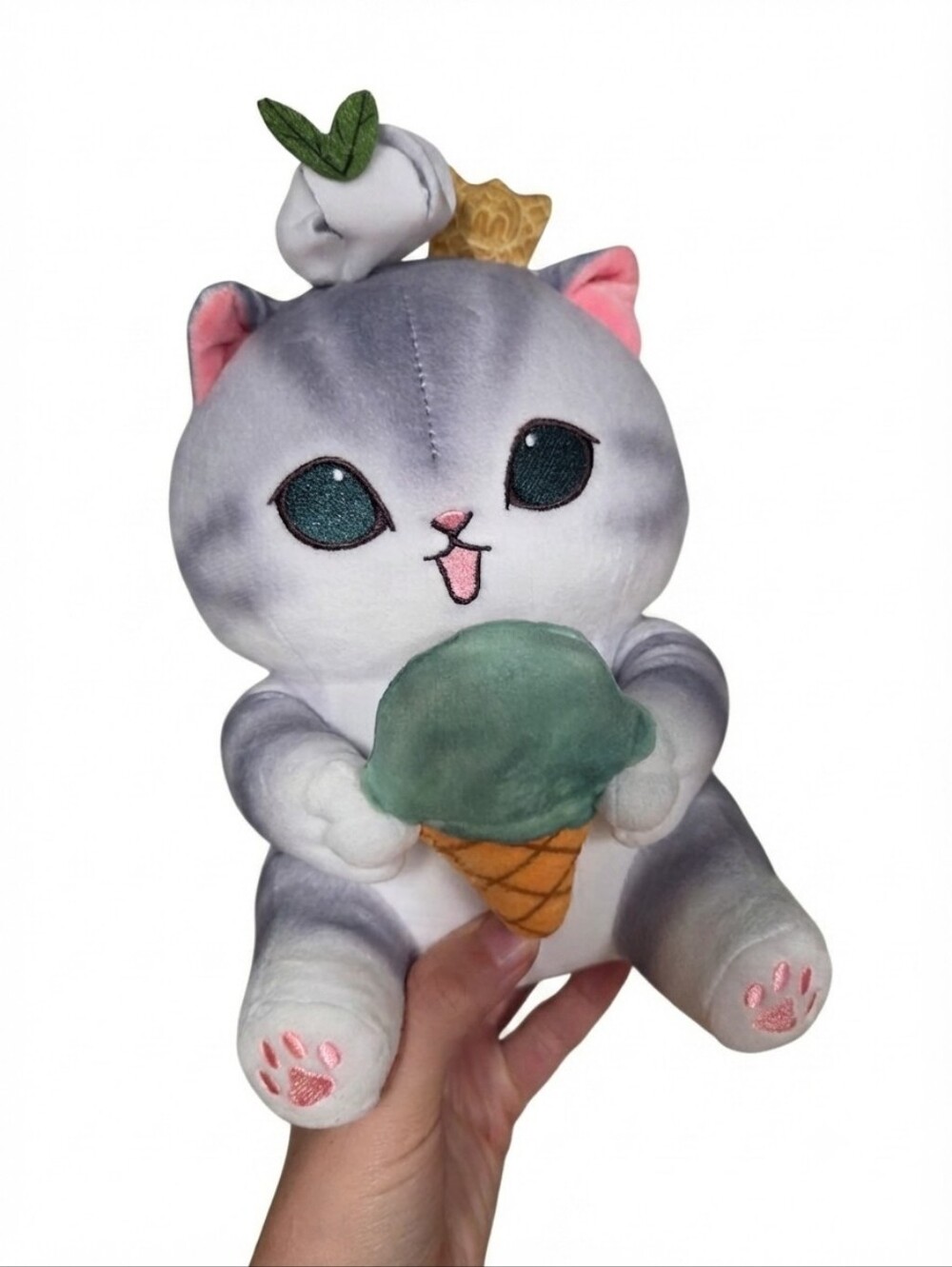 NWT Mofusand Ice Cream Cone Cat Plush 20cm Grey Tabby Miniso Kawaii Stuffed Anim